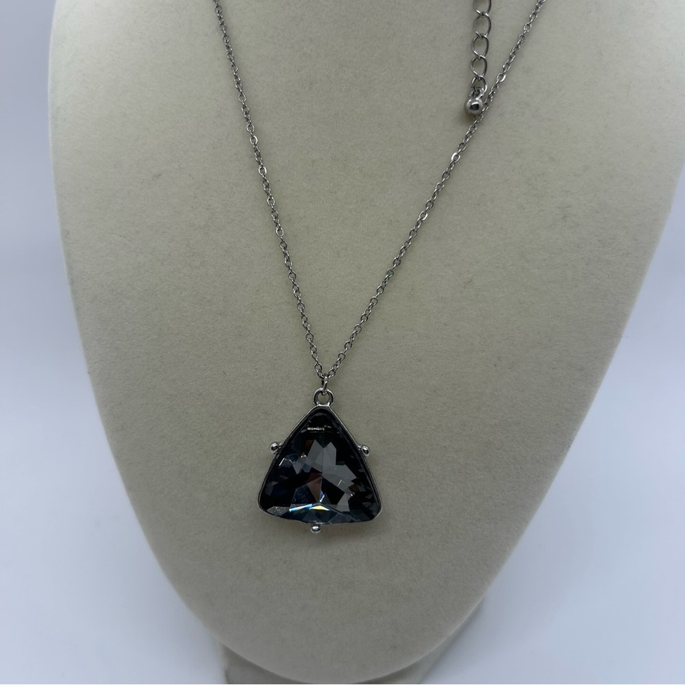 Silver Tone Grey Crystal Long Pendant Necklace